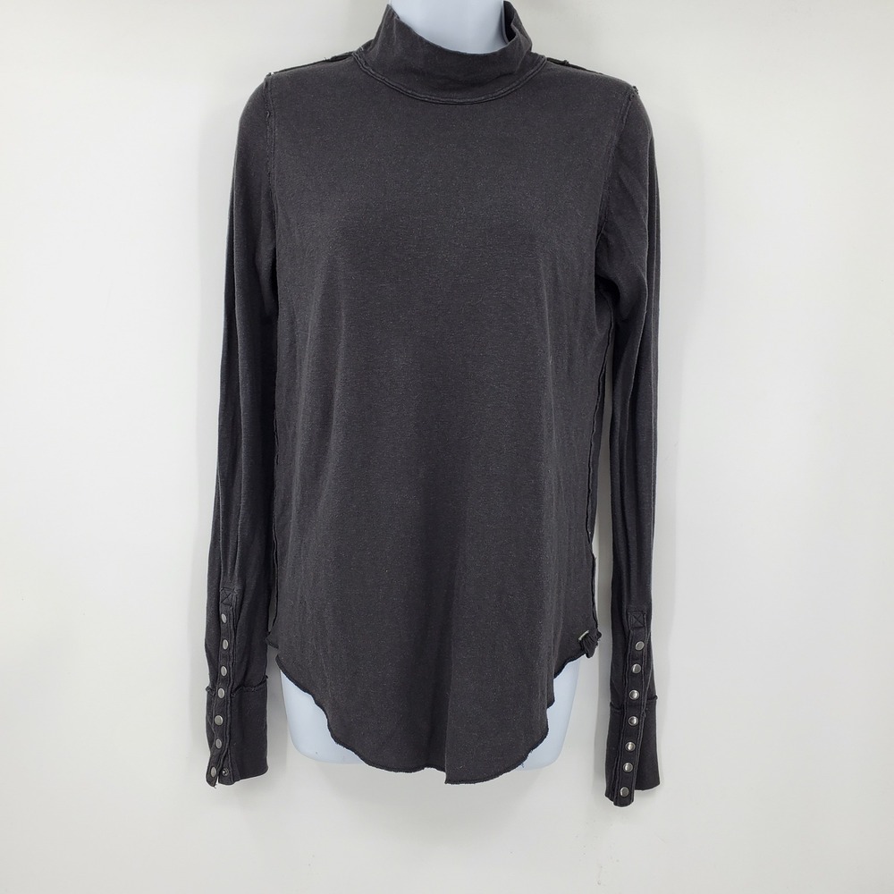 We The Free People Mock Neck Snap Cuff Top Charcoal Gray Hemp Blend XS OB1542210
